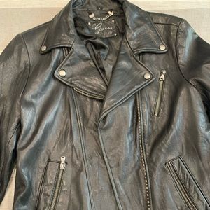 100% Leather, Black Leather Jacket: Guess